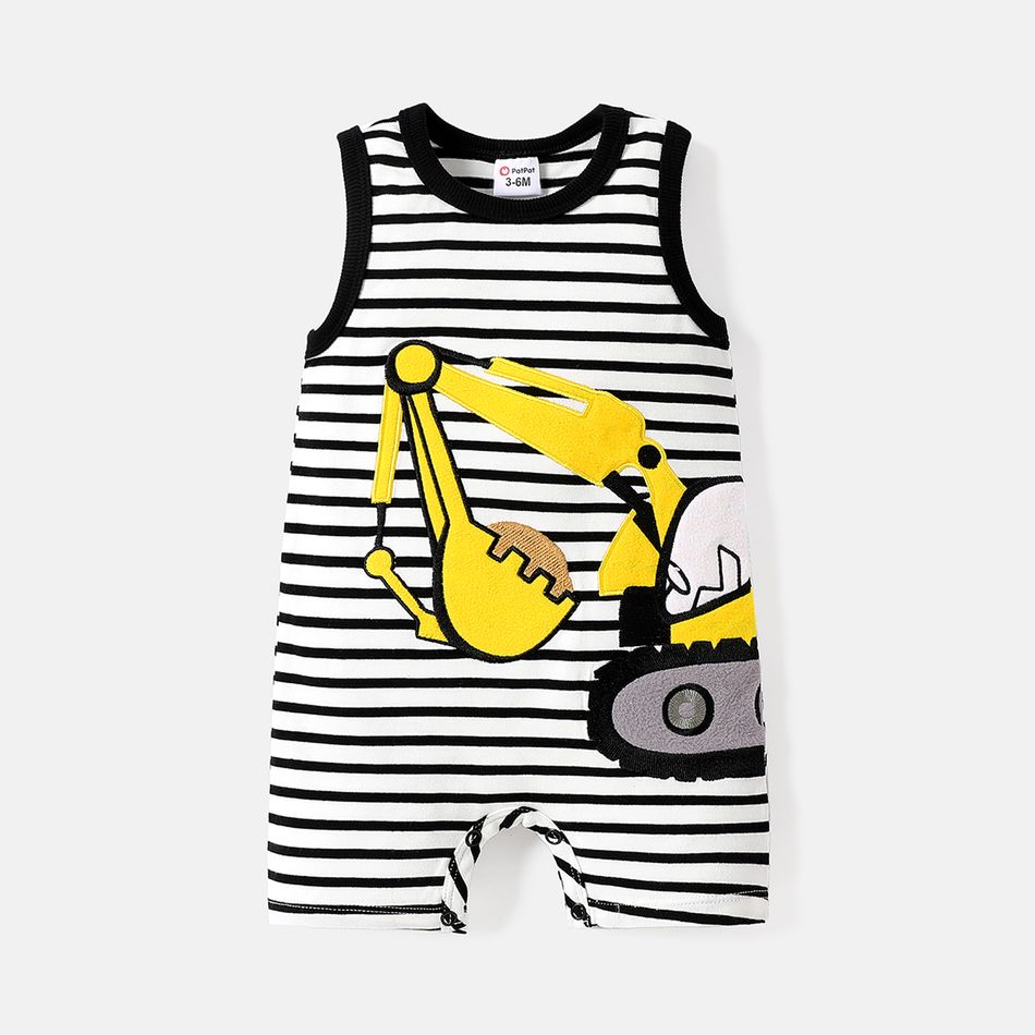 Baby Boy 95% Cotton Excavator Graphic Striped Tank Romper Color block big image 1