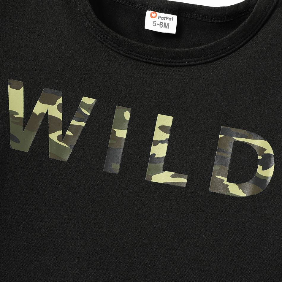 2pcs Kid Boy Letter Print Short-sleeve Tee and Camouflage Print Shorts Set Black big image 3