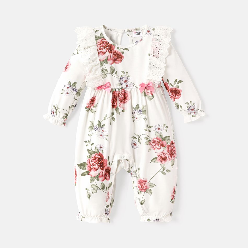 Baby Girl Floral Print Ruffle Trim Long-sleeve Naia™ Jumpsuit White big image 6
