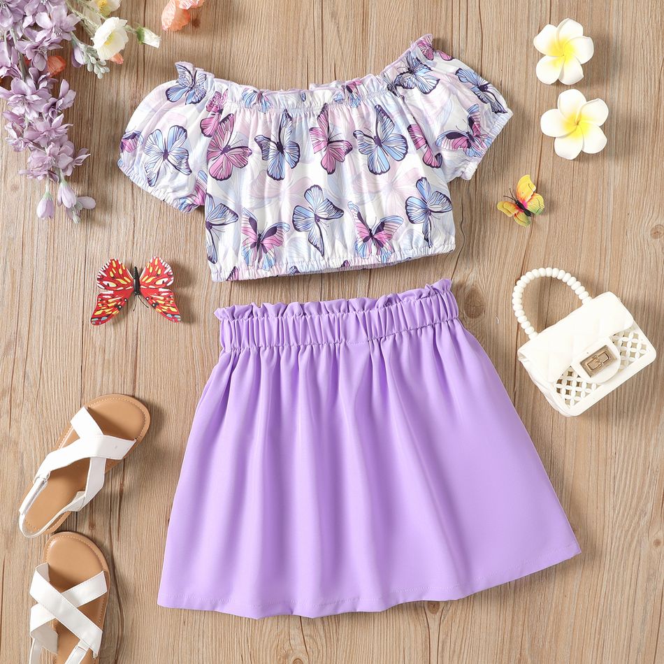 2pcs Kid Girl Butterfly Print Off Shoulder Short-sleeve Tee and Button Design Shorts Set Purple big image 2