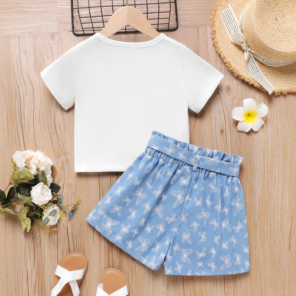 2pcs Kid Girl Butterfly Print Short-sleeve Tee and Belted Shorts Set Blue