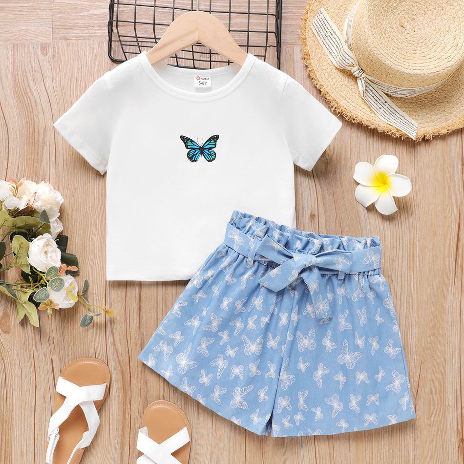 2pcs Kid Girl Butterfly Print Short-sleeve Tee and Belted Shorts Set Blue