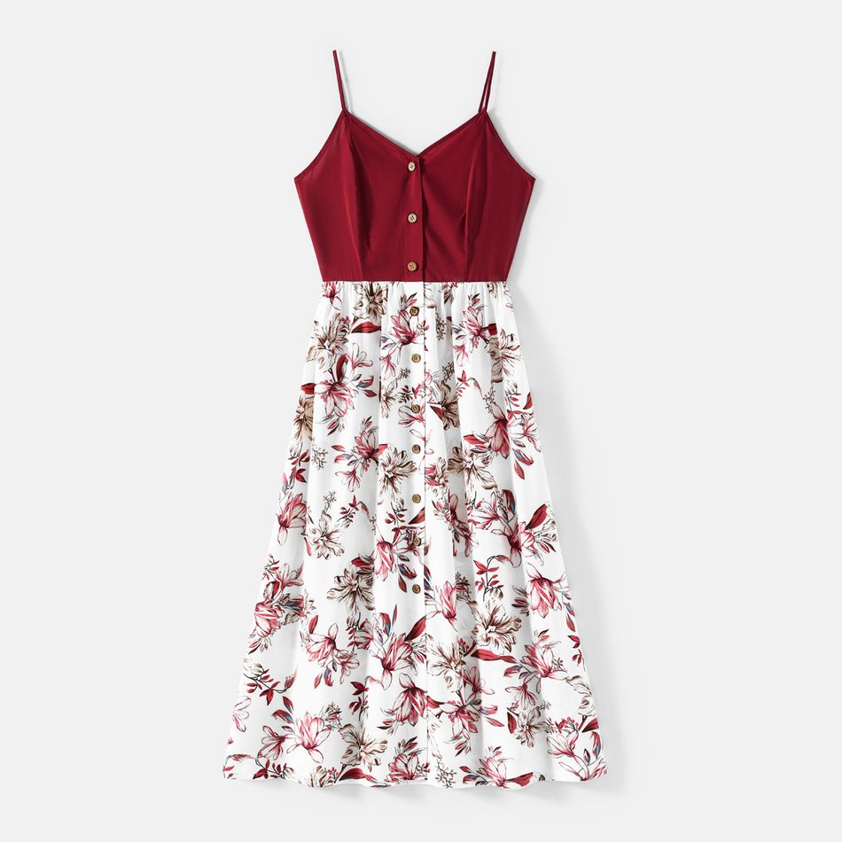 Family Matching Cotton Short-sleeve T-shirts and Floral Print Spliced Cami Dresses Sets WineRed big image 5