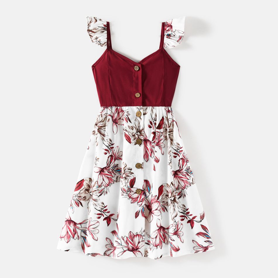 Family Matching Cotton Short-sleeve T-shirts and Floral Print Spliced Cami Dresses Sets WineRed big image 8