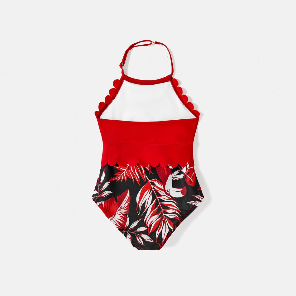 Family Matching Allover Plant Print Swim Trunks and Scallop Trim One-piece Swimsuit Red-2 big image 8