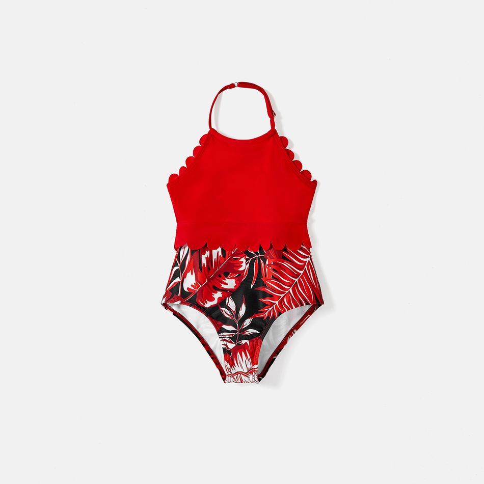 Family Matching Allover Plant Print Swim Trunks and Scallop Trim One-piece Swimsuit Red-2 big image 7
