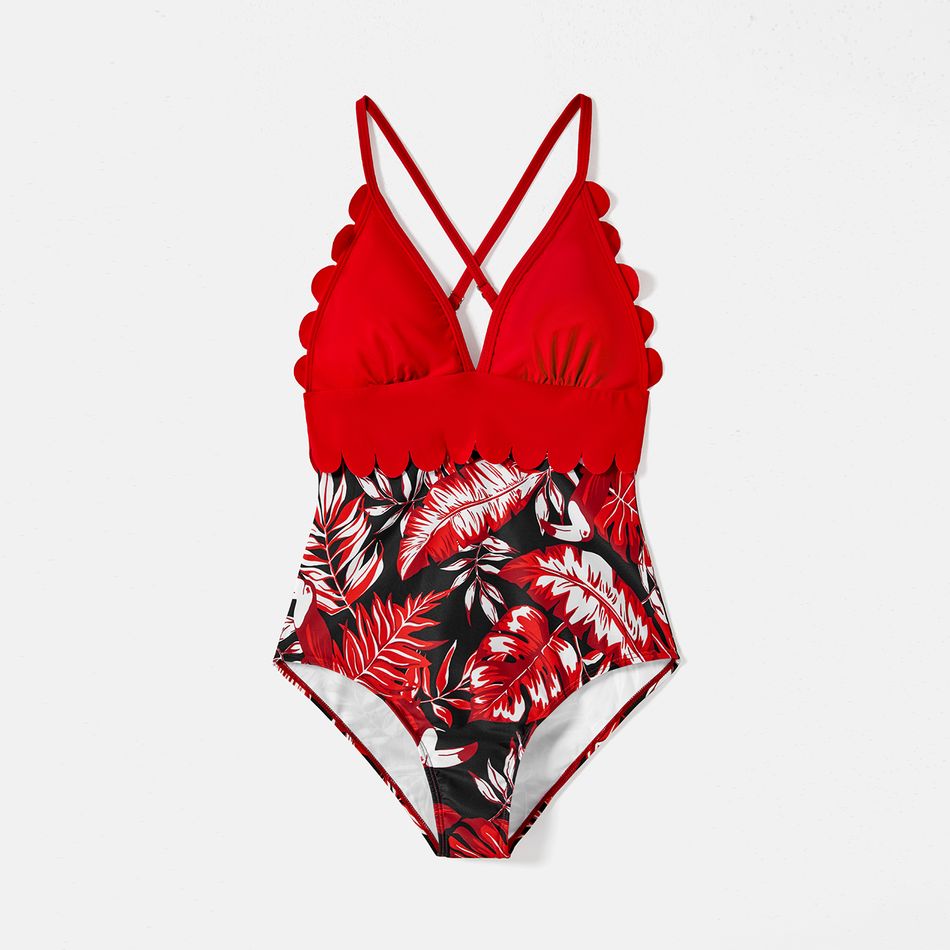 Family Matching Allover Plant Print Swim Trunks and Scallop Trim One-piece Swimsuit Red-2 big image 3