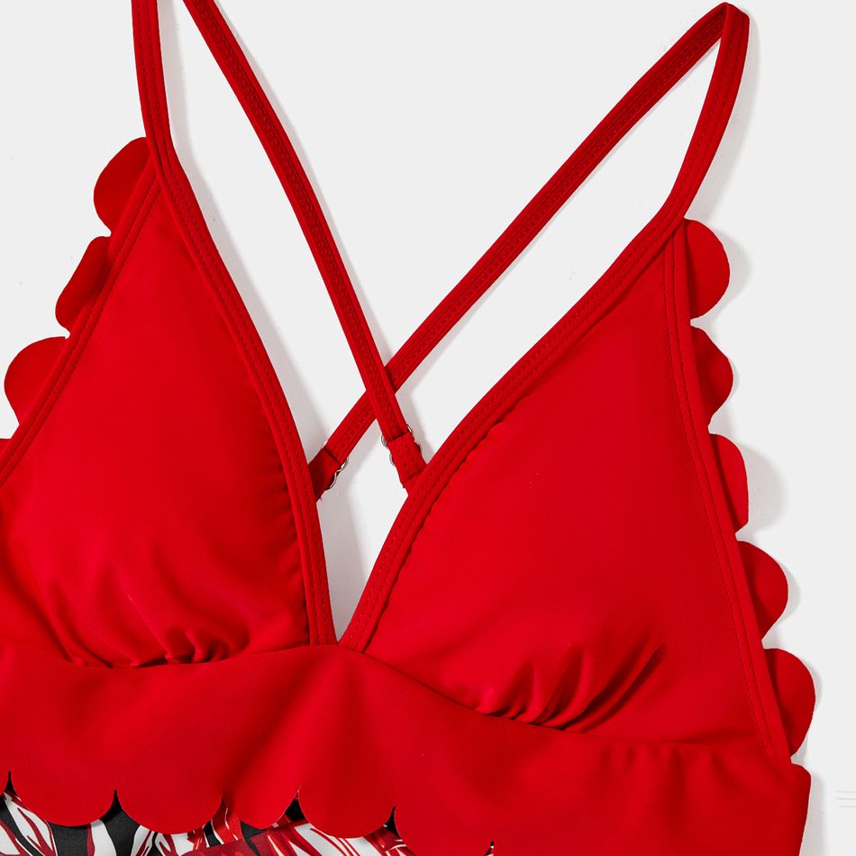 Family Matching Allover Plant Print Swim Trunks and Scallop Trim One-piece Swimsuit Red-2 big image 5