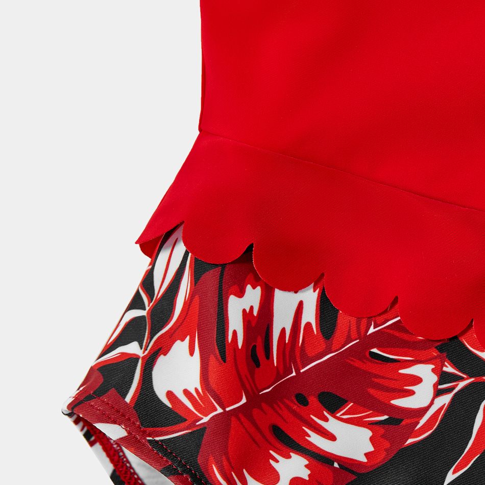 Family Matching Allover Plant Print Swim Trunks and Scallop Trim One-piece Swimsuit Red-2 big image 9