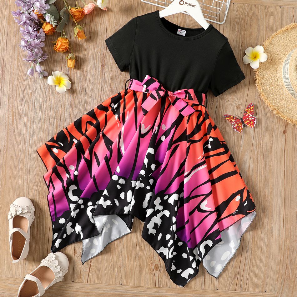 Kid Girl Butterfly Print Irregular Hem Belted Short-sleeve Dress Black big image 1