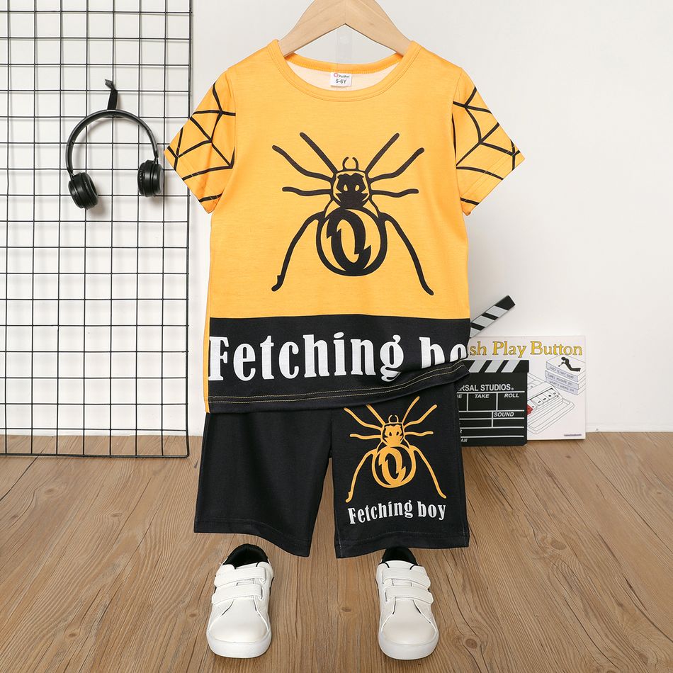 2pcs Kid Boy Spider Print Colorblock Short-sleeve Tee and Shorts Set Yellow