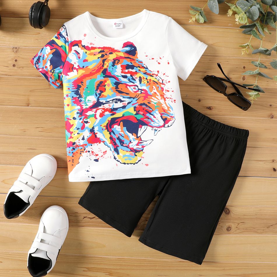2pcs Kid Boy Animal Print Short-sleeve Tee and Elasticized Shorts Set White big image 1