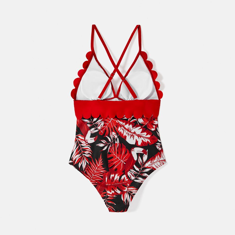 Family Matching Allover Plant Print Swim Trunks and Scallop Trim One-piece Swimsuit Red-2 big image 4