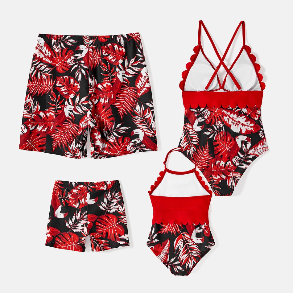 Family Matching Allover Plant Print Swim Trunks and Scallop Trim One-piece Swimsuit Red-2 big image 2