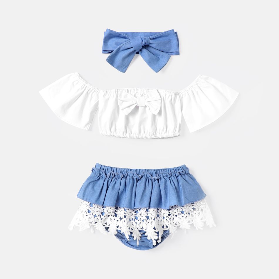3pcs Baby Girl 100% Cotton Bow Front Off Shoulder Short-sleeve Crop Top and Lace Ruffle Trim Shorts & Headband Set ColorBlock