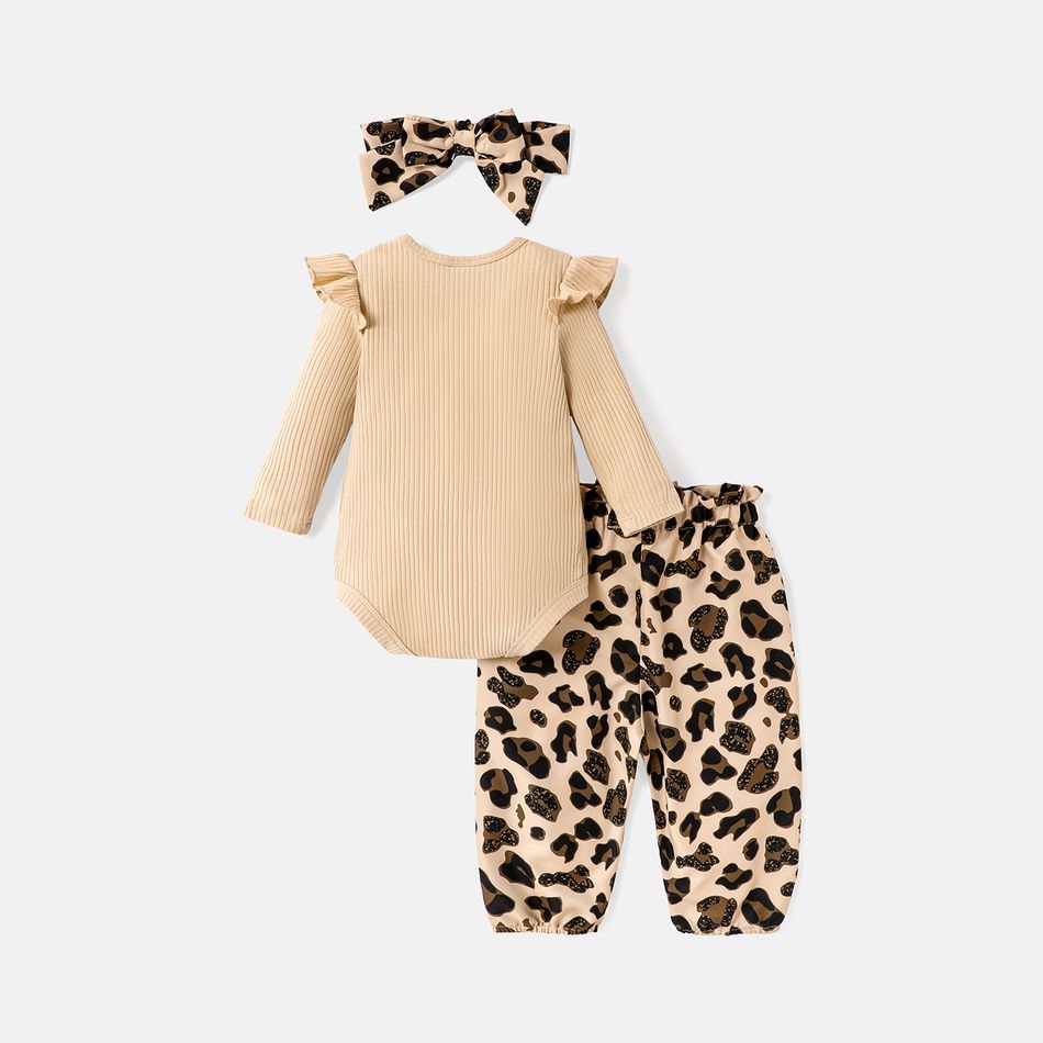 3pcs Baby Girl Cotton Ribbed Letter Embroidered Ruffle Long-sleeve Romper and Leopard Print Pants & Headband Set ColorBlock big image 2