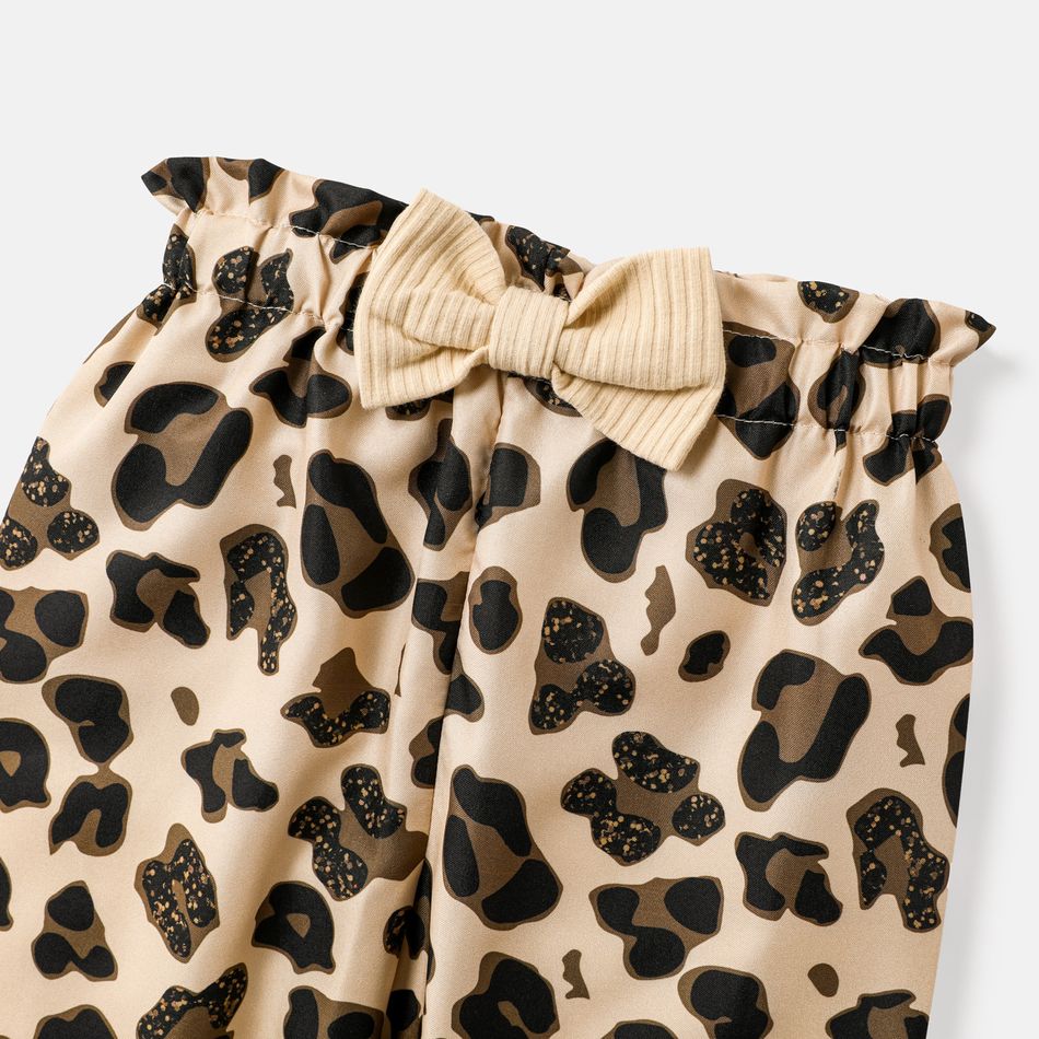 3pcs Baby Girl Cotton Ribbed Letter Embroidered Ruffle Long-sleeve Romper and Leopard Print Pants & Headband Set ColorBlock big image 5