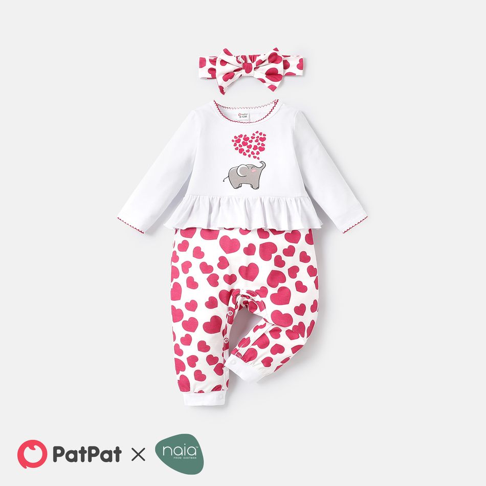Naia™ 2pcs Baby Girl Cotton Long-sleeve Elephant & Heart Print Faux-two Jumpsuit and Headband Set Red
