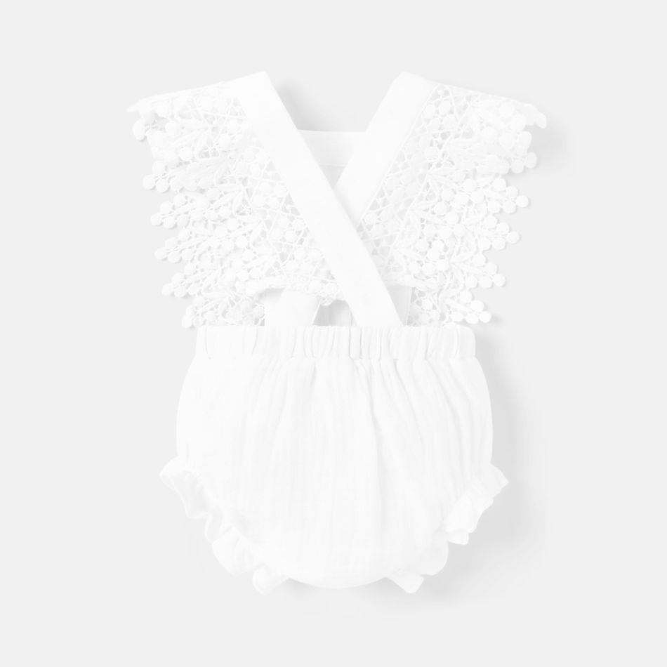 Baby Girl 100% Cotton Crepe Lace Design Bow Front Ruffle Trim Romper White big image 2