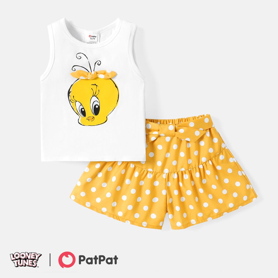 Looney Tunes 2pcs Kid Girl Character Print Cotton Tank Top and Polka dots Shorts Set White