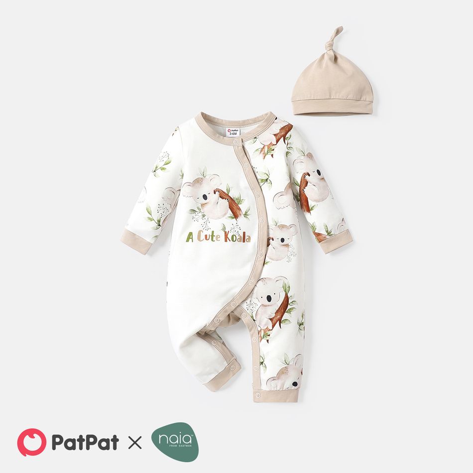 Naia™ 2pcs Baby Girl/Boy Koala Print Long-sleeve Jumpsuits and 100% Cotton Cap Set lighttan big image 1