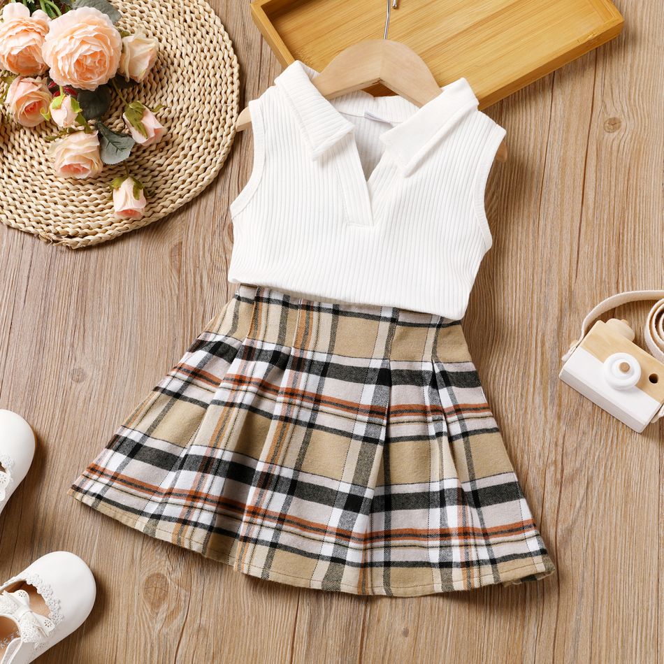 2pcs Toddler Girl Preppy style Lapel Collar Sleeveless Tee and Plaid Pleated Skirt Set White big image 1