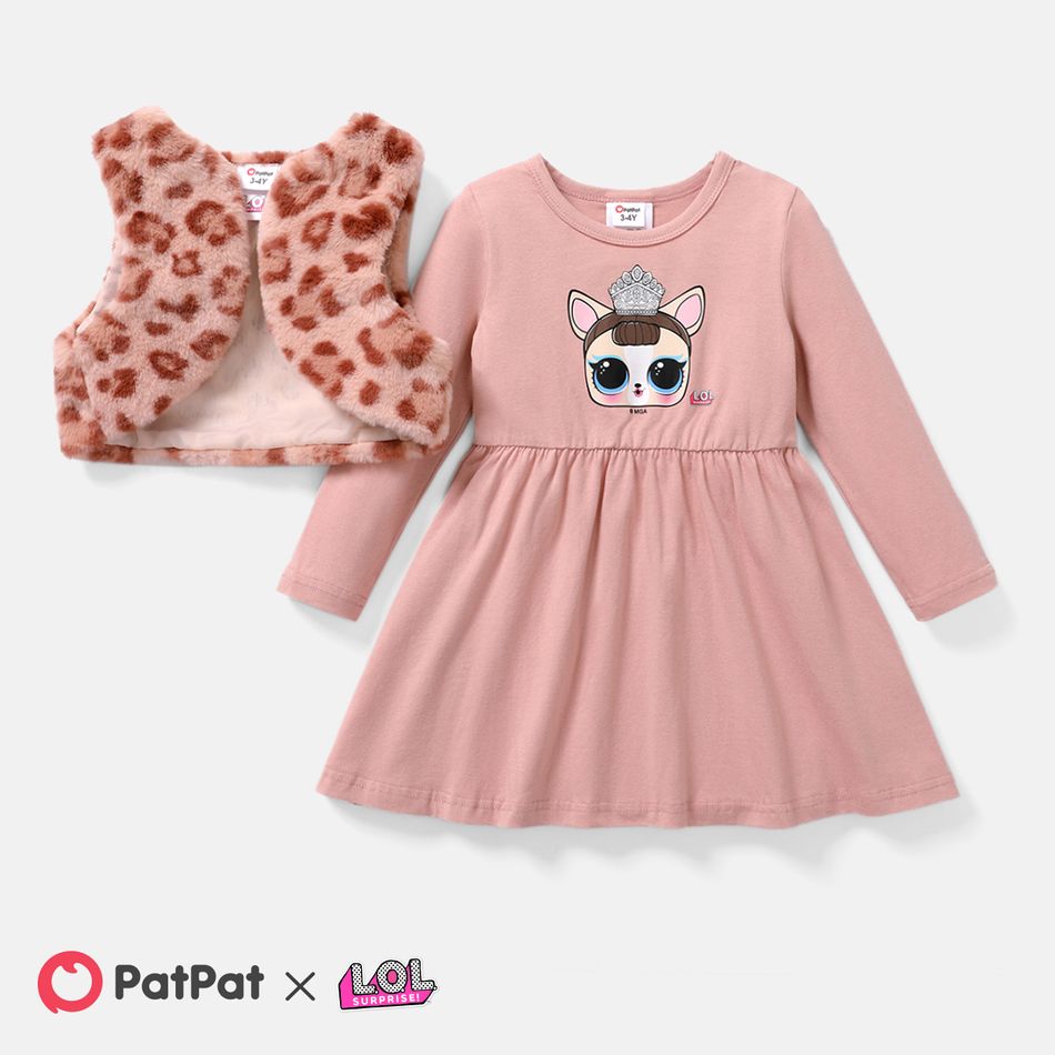 L.O.L. SURPRISE! 2pcs Toddler Girl Character Print Dress and Leopard Fleece Vest Set Pink big image 1