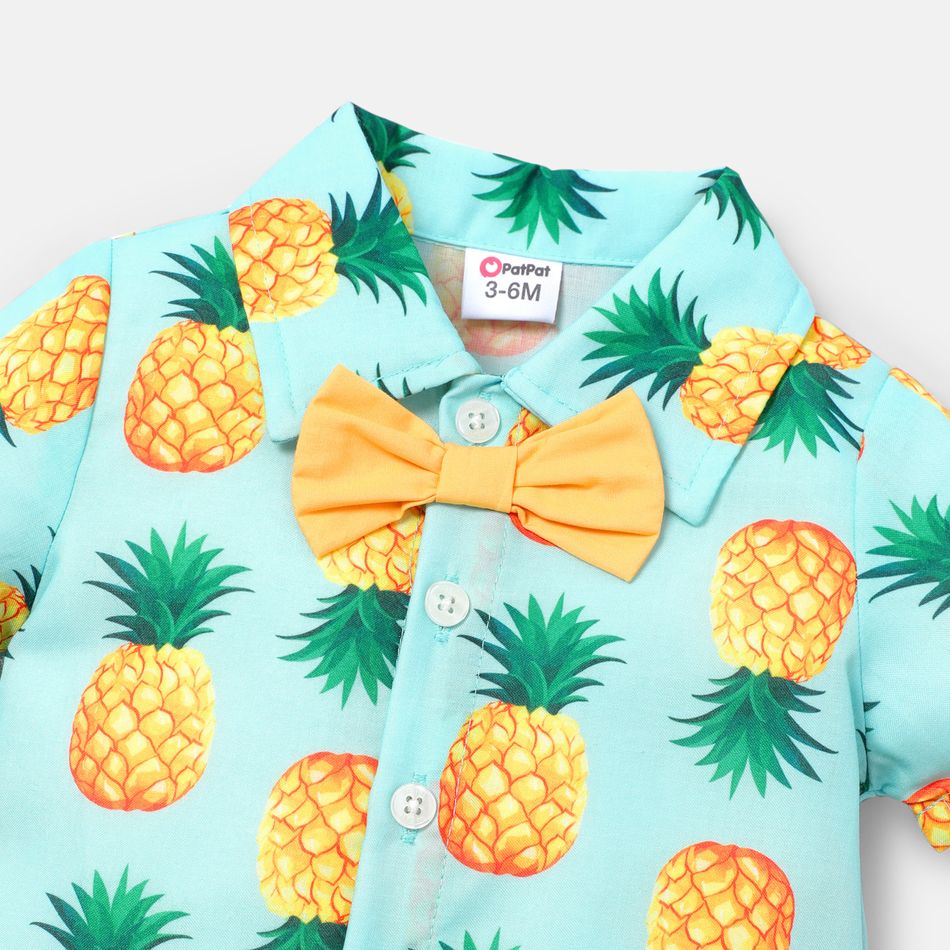 Baby Boy Pineapple Print Lapel Collar Bow tie Design Short-sleeve Rompers Mintblue big image 3