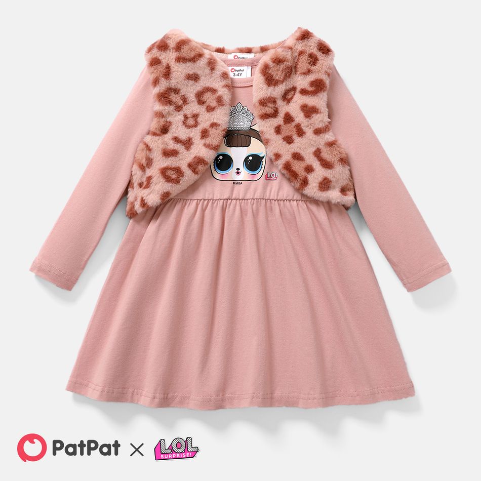 L.O.L. SURPRISE! 2pcs Toddler Girl Character Print Dress and Leopard Fleece Vest Set Pink big image 2