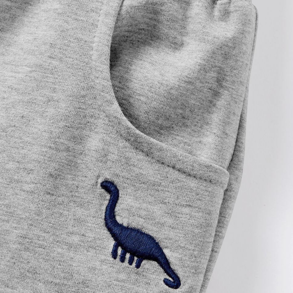 Toddler Boy Animal Dinosaur Embroidered Elasticized Cotton Shorts Grey big image 3