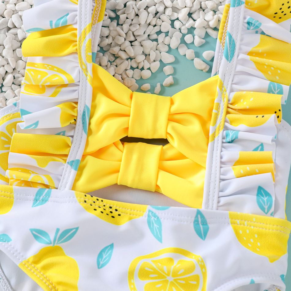 Baby Girl Allover Lemon Print Bow Front Ruffle Trim One-piece Swimsuit Yellow big image 3