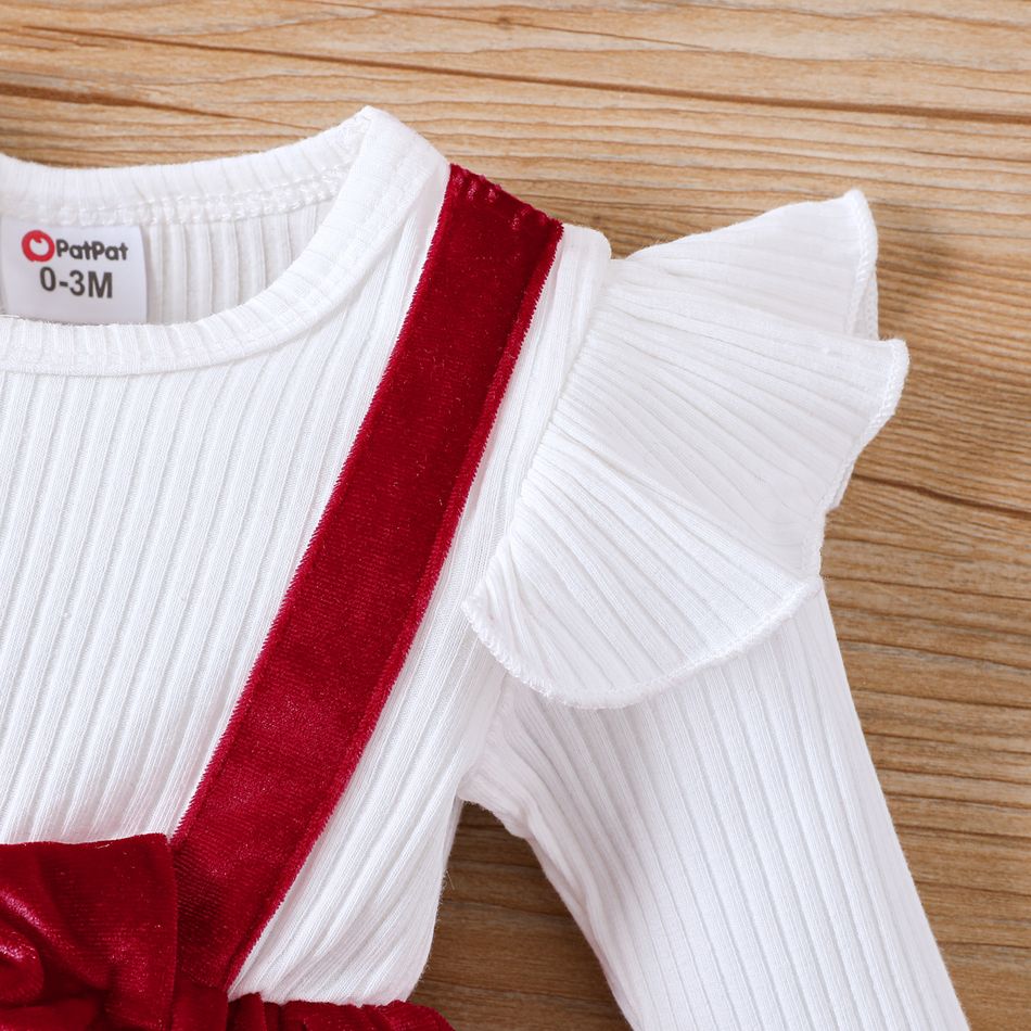 2pcs Baby Girl Cotton Ribbed Solid Spliced Long-sleeve Bow Front Romper & Headband Set Red big image 3