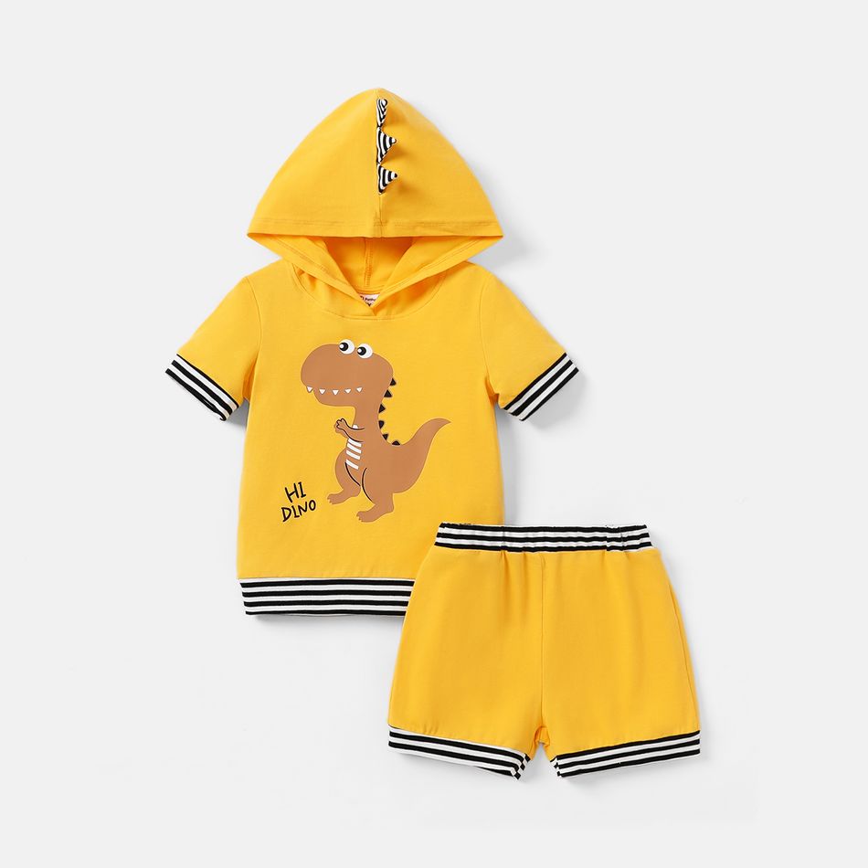 2pcs Toddler Boy Dinosaur Print Striped Hooded Short-sleeve Cotton Tee and Shorts Set Yellow