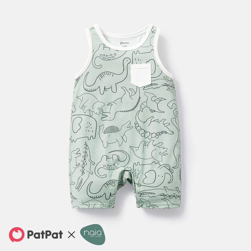 Naia Baby Girl/Boy Dinosaur Print/Stripe Sleeveless Jumpsuits Light Green