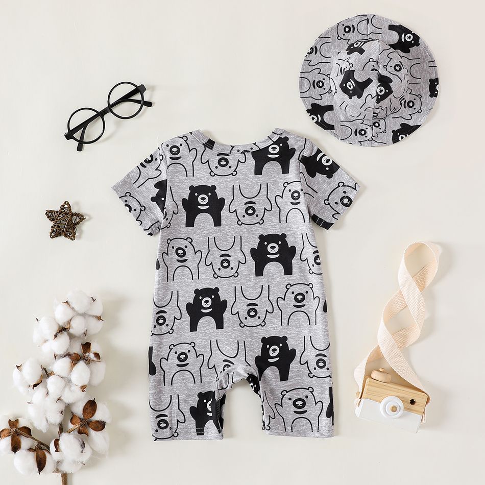 2pcs Baby Boy Allover Bear Print Short-sleeve Romper & Hat Set Grey big image 2