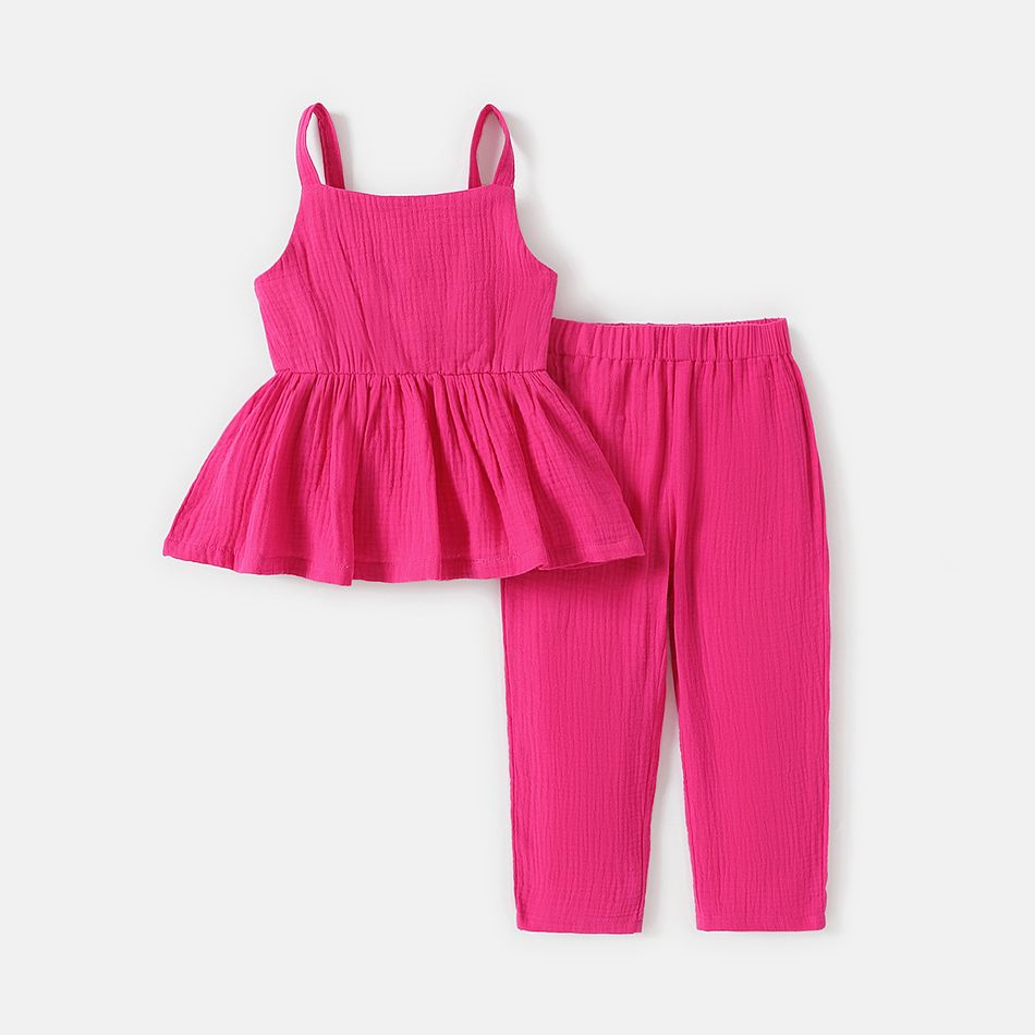 2pcs Toddler Girl 100% Cotton Solid Color Peplum Tank Top and Pants Set Hot Pink