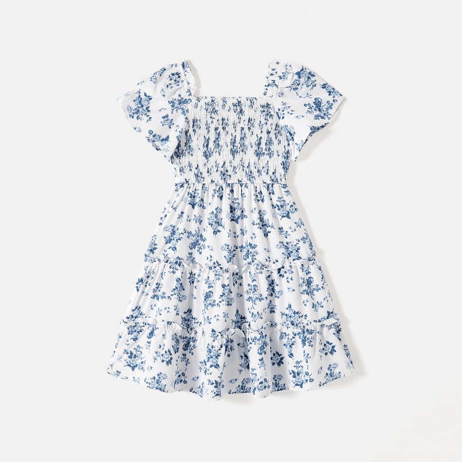 Family Matching Allover Floral Print Shirred Tiered Dresses and Short-sleeve Colorblock T-shirts Sets BLUE WHITE big image 9