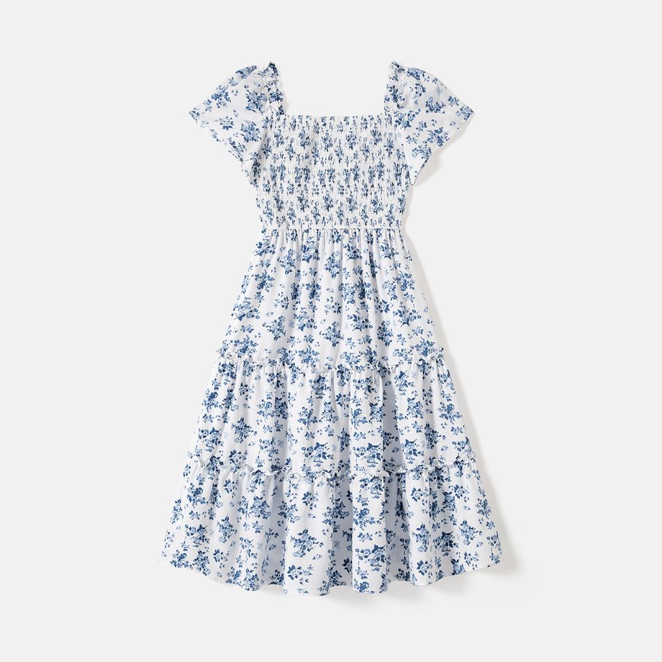 Family Matching Allover Floral Print Shirred Tiered Dresses and Short-sleeve Colorblock T-shirts Sets BLUE WHITE big image 3