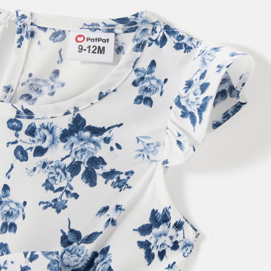 Family Matching Allover Floral Print Shirred Tiered Dresses and Short-sleeve Colorblock T-shirts Sets BLUE WHITE big image 13