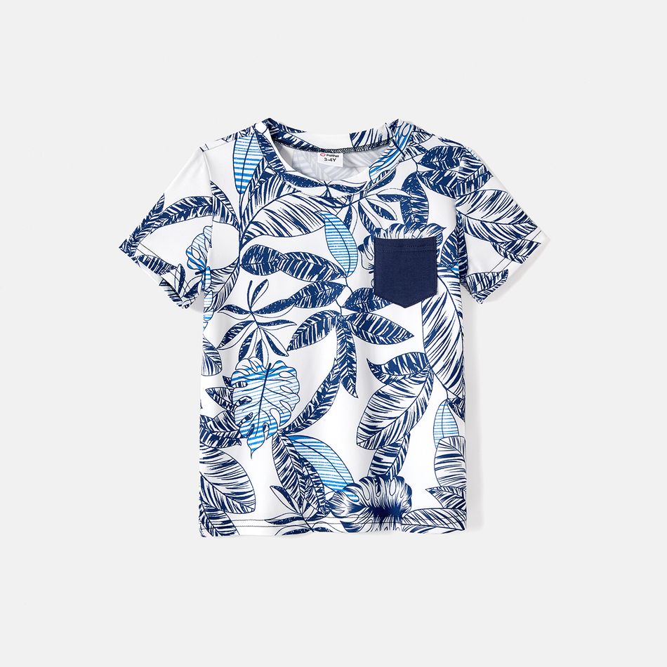 Family Matching 95% Cotton Allover Plant Print Short-sleeve Belted Spliced Dresses and T-shirts Sets BLUE WHITE big image 14