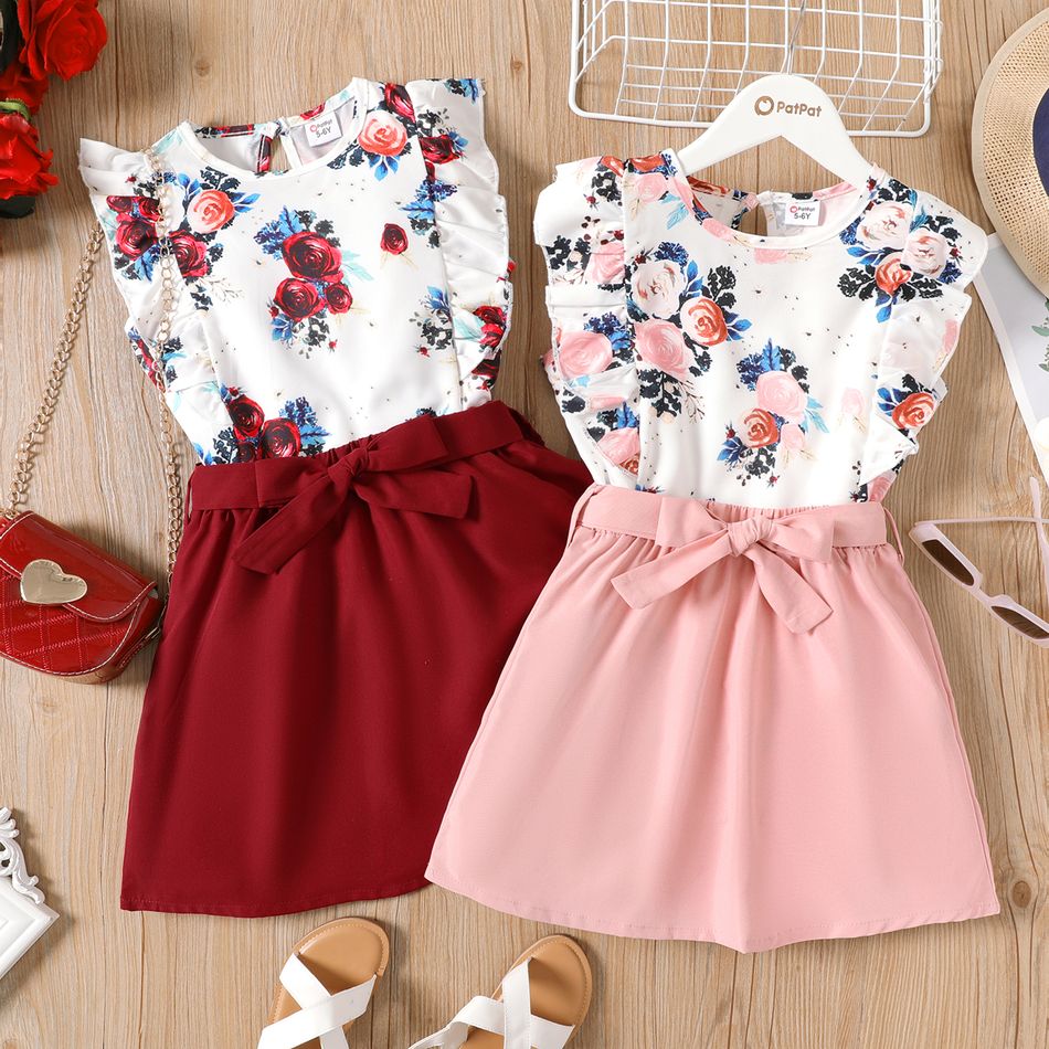 2pcs Kid Girl Floral Print Sleeveless Tee and Belted Skirt Set Pink