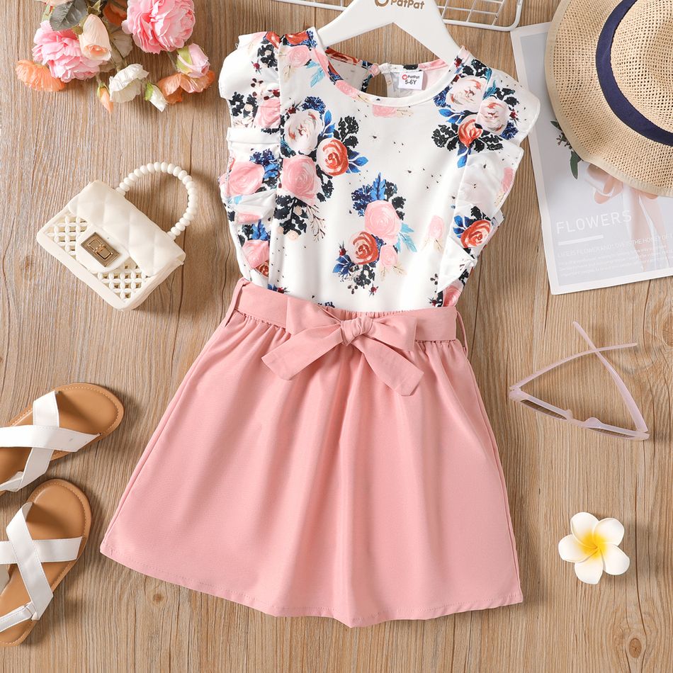 2pcs Kid Girl Floral Print Sleeveless Tee and Belted Skirt Set Pink big image 1