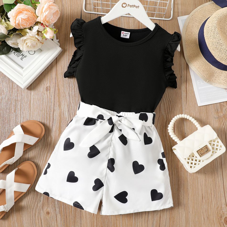 2pcs Kid Girl Flutter-sleeve Tee and Heart Print Belted Shorts Set Black big image 1