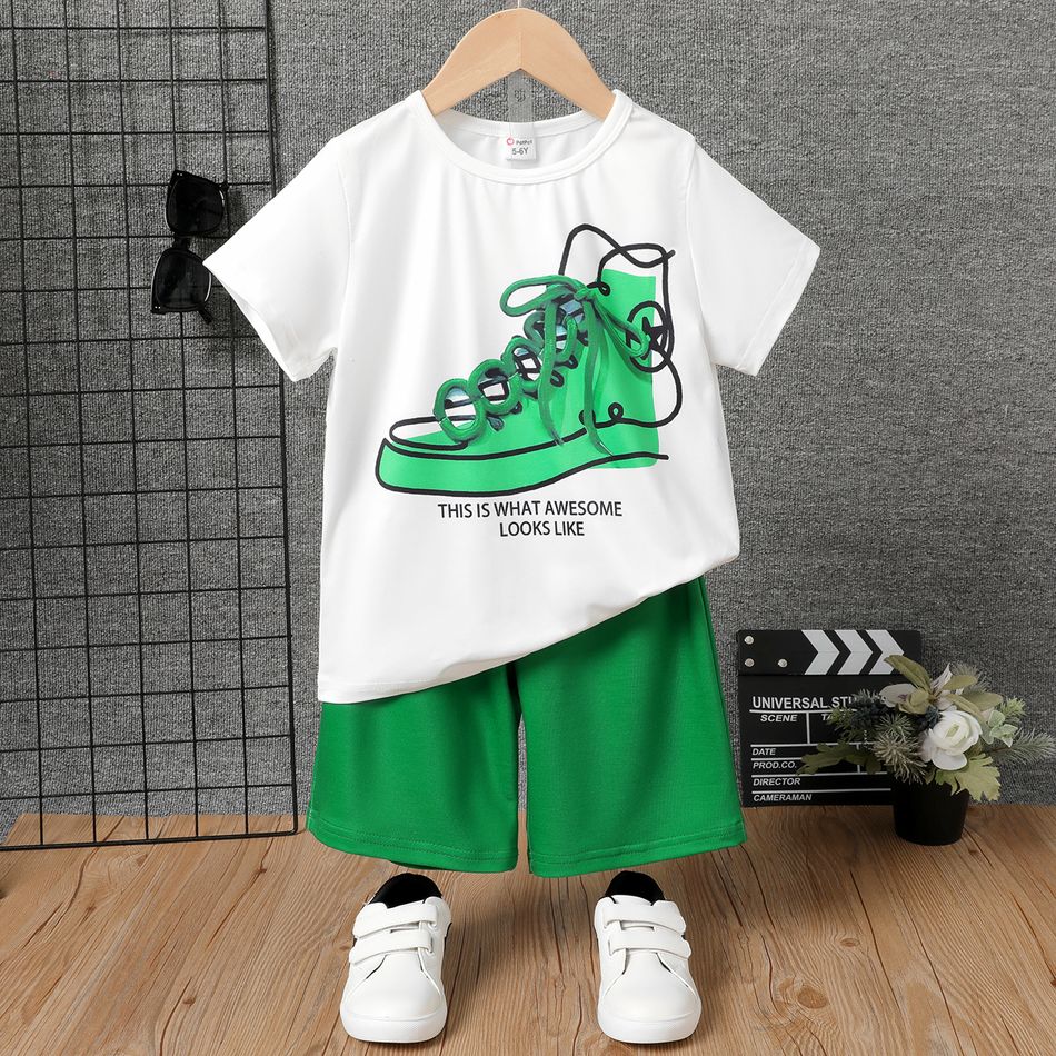 2ocs Kid Boy Letter Shoes Print Short-sleeve Tee and Elasticized Shorts Set White
