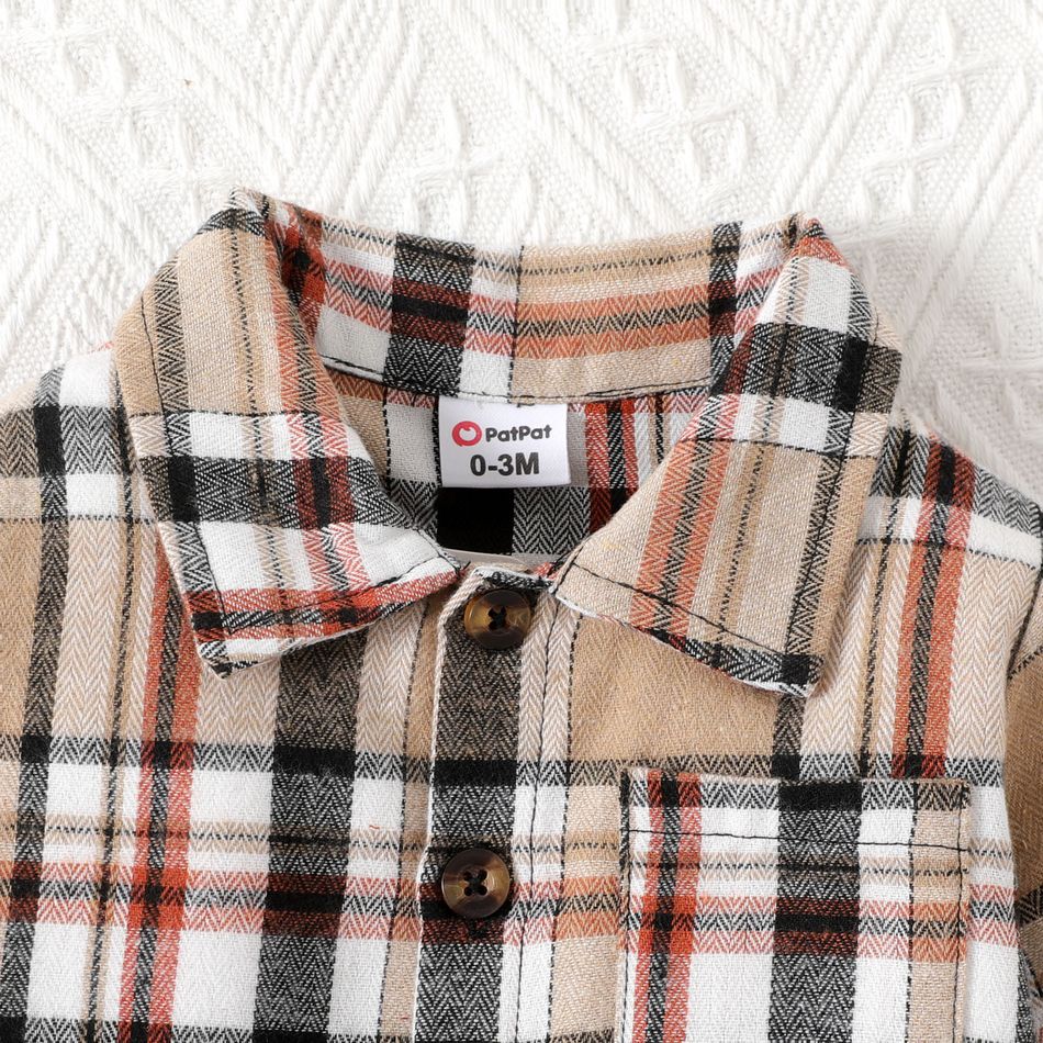 Baby Boy/Girl Button Front Long-sleeve Plaid Jumpsuit Brown big image 3