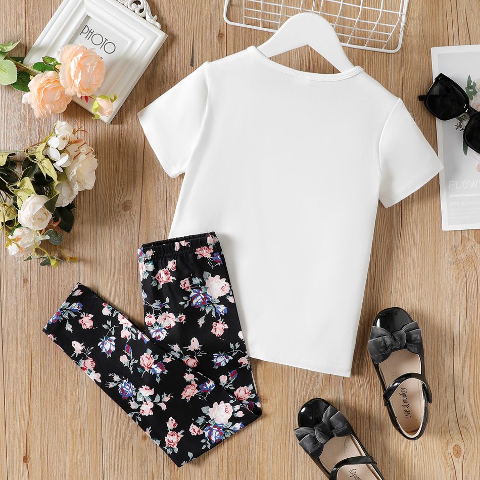 2pcs Kid Girl Letter Print Short-sleeve Tee and Floral Print Pants Set Black/White