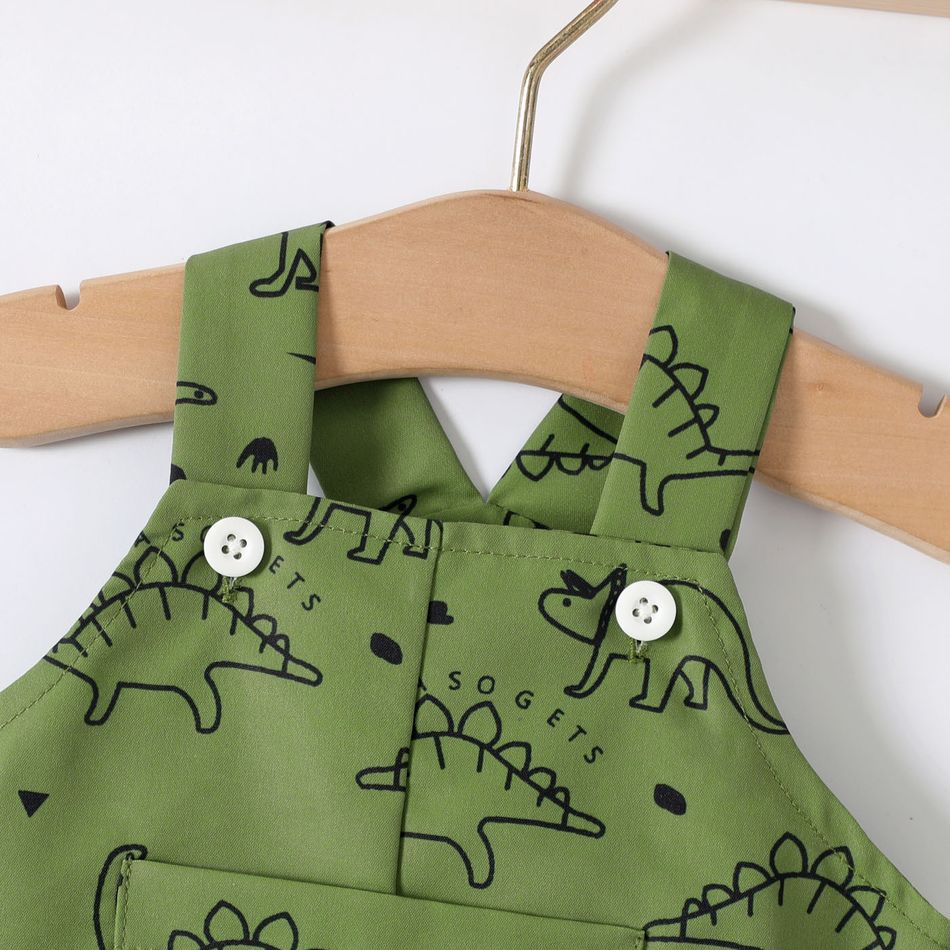 2pcs Baby Boy Allover Dinosaur Print Overalls & Hat Set Dark Green big image 3