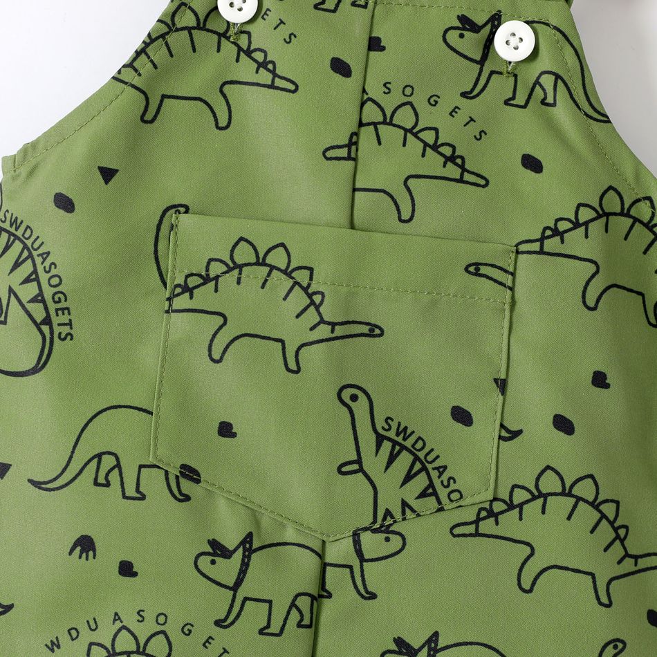 2pcs Baby Boy Allover Dinosaur Print Overalls & Hat Set Dark Green