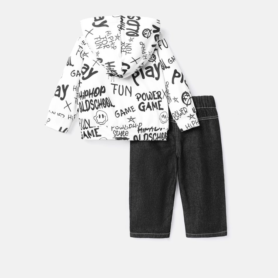 2pcs Baby Boy Long-sleeve Allover Letter Print Naia™ Hoodie and Ripped Jeans Set Color block big image 2