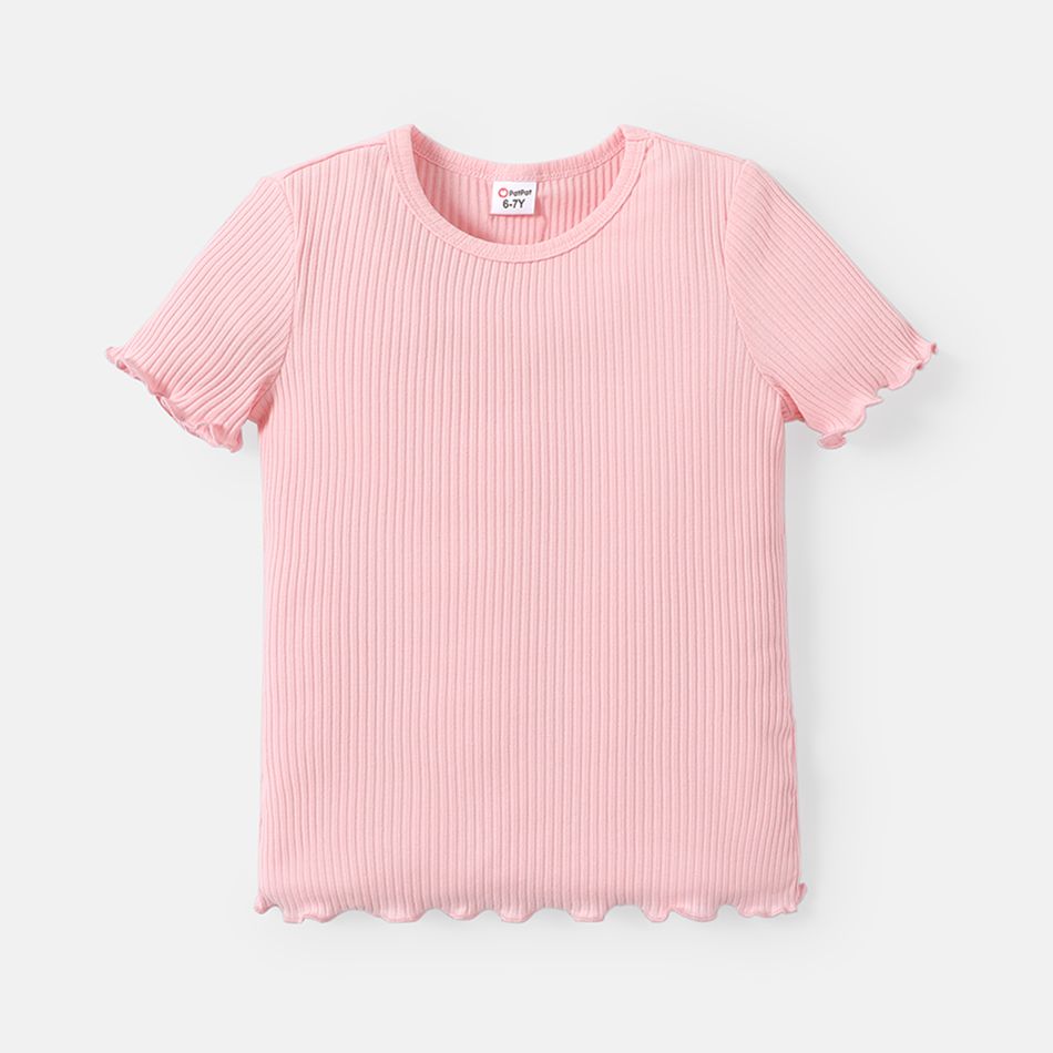 Kid Girl Lettuce Trim Ribbed Solid Color Short-sleeve Cotton Tee Light Pink